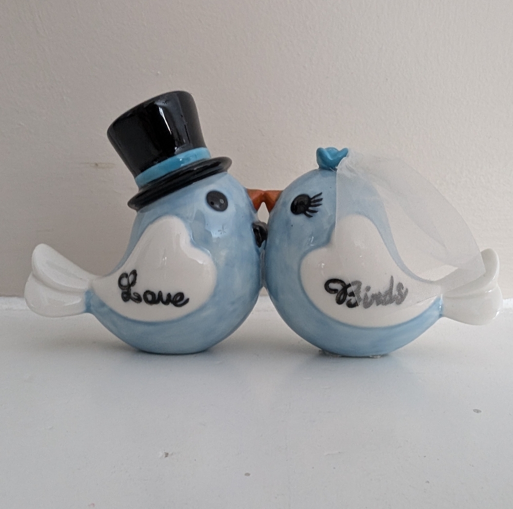 Ceramic Love Birds Wedding Decor - Blue and White